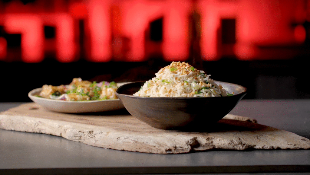 Burnt Garlic Fried Rice With Soy Basil Paneer Recipe